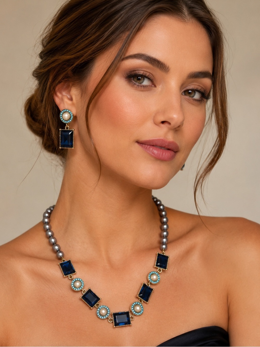 Blue Crystal Pearl Necklace & Earring Set